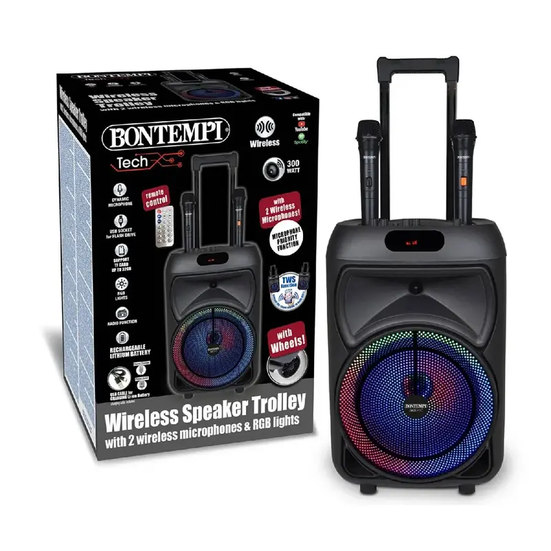 BONTEMPI Cassa Trolley Wireless Con 2 Microfoni E Luci Rgb Integrate - 491090